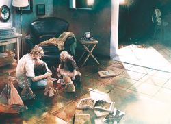 1boy 1girl armchair bare_shoulders blonde_hair book chair commentary_request cup denim doll dress full_body hair_bun indoors jacket jeans kobone_awaki lamp light light_particles medium_hair model_ship on_floor original painting_(object) pants picture_book plate playing shirt short_hair single_hair_bun sitting slice_of_life stuffed_animal stuffed_toy sunlight t-shirt teddy_bear