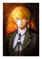 1boy absurdres blonde_hair chest_harness earrings fate/stay_night fate_(series) gilgamesh_(fate) harness highres jacket jewelry looking_at_viewer male_focus pppeipeipipi red_eyes revision shirt short_hair solo wallpaper_(object)