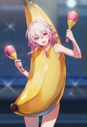 1girl banana_costume black_background blue_eyes gradient_eyes honkai:_star_rail honkai_(series) instrument maracas march_7th_(honkai:_star_rail) meme multicolored_eyes open_mouth peanut_butter_jelly_time pink_eyes pink_hair raaivault smile