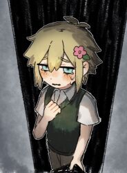1boy antenna_hair basil_(faraway)_(omori) basil_(omori) blonde_hair blue_eyes blush brown_shorts crying crying_with_eyes_open flower green_sweater_vest hair_flower hair_ornament highres igu_0v0 looking_at_viewer male_focus omori parted_lips shirt short_hair short_sleeves shorts solo sweater_vest tears white_shirt