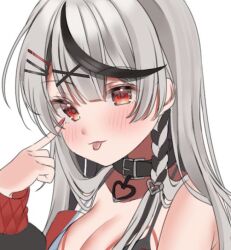 1girl :p akanbe bare_shoulders black_bra black_streaks blush bra braid breasts cleavage commentary_request eyelid_pull fingernails grey_hair hair_ornament hairpin hand_up heart heart_hair_ornament hololive index_finger_raised large_breasts long_hair long_sleeves looking_at_viewer multicolored_hair multiple_hairpins nail_polish no_shirt off_shoulder portrait red_eyes red_nails red_sleeve_cuffs renge_oo sakamata_chloe sakamata_chloe_(1st_costume) side_braid simple_background sleeve_cuffs solo straight_hair streaked_hair tongue tongue_out two-tone_hair underwear virtual_youtuber white_background x_hair_ornament