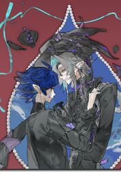 2boys black_feathers black_gloves blue_hair collared_shirt earrings feather_hair feather_hair_ornament feathers from_side gloves grey_hair hair_ornament hat jewelry long_sleeves looking_at_another male_focus multicolored_hair multiple_boys original pointy_ears profile qyzhiaiyisheng red_background ribbon shirt short_hair smile upper_body yellow_eyes