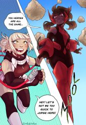 Rule 34 | blonde hair, bodysuit, boku no hero academia, brown hair, fangs, highres, m0chicakes, orange eyes, role reversal, toga himiko, uraraka ochako, yellow eyes