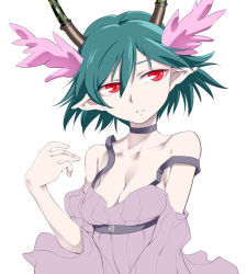 1girl antlers blue_hair breasts c_(control) choker cleavage collarbone dress funnyari head_wings horns pointy_ears q_(control) red_eyes short_hair simple_background solo strap_slip white_background wings