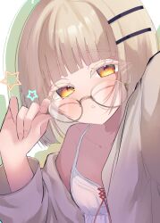 1girl absurdres alternate_hair_length alternate_hairstyle bespectacled blonde_hair blunt_bangs breasts camisole collarbone colored_eyelashes commentary_request eukr5772 fingernails gakuen_idolmaster glasses highres idolmaster looking_at_viewer orange_eyes robe round_eyewear selfie shinosawa_hiro short_hair single_bare_shoulder small_breasts solo star_(symbol) upper_body white_camisole white_robe