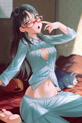1girl absurdres animal barefoot bed bedroom breasts calendar_(object) cat cleavage commentary english_commentary flcl full_body glasses green_eyes hat highres long_hair midriff miyu_miyu navel ninamori_eri pajamas pillow purple_hair red_hat sitting solo unbuttoned unbuttoned_shirt waligner wariza