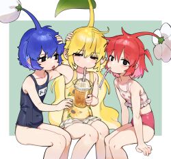 3girls absurdres ahoge bare_arms bare_shoulders bikini black_eyes blonde_hair blue_hair blue_one-piece_swimsuit blue_pikmin casual_one-piece_swimsuit collarbone covered_navel cup disposable_cup drinking drinking_straw drinking_straw_in_mouth drooling flat_chest floral_print_one-piece_swimsuit food_print frilled_bikini frilled_one-piece_swimsuit frills fruit_print hair_between_eyes hand_on_another&#039;s_head highres holding holding_cup hufy huge_ahoge invisible_chair long_hair medium_hair mouth_drool multiple_girls nintendo one-piece_swimsuit open_mouth personification pikmin_(series) pointy_ears print_bikini red_bikini red_hair red_pikmin school_swimsuit short_hair sitting strawberry_print swimsuit two_side_up very_long_hair wavy_hair yellow_one-piece_swimsuit yellow_pikmin