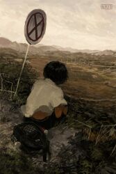 1boy absurdres backpack bag black_hair broken_fence facing_away from_behind full_body highres maomi_jita mountainous_horizon original painterly road_sign scenery sepia shirt short_hair sign signature sitting solo squatting white_shirt wind wind_lift wire_fence