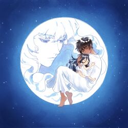 1girl 2boys barefoot berserk black_hair blue_sky brown_hair casca_(berserk) child closed_eyes dress from_side full_body full_moon griffith_(berserk) hand_on_another&#039;s_head highres hug long_hair moon moonlight_boy_(berserk) mother_and_son multiple_boys night night_sky qaiiri short_hair sky star_(sky) starry_sky white_dress