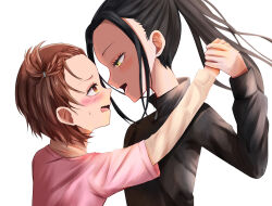 Rule 34 | 2girls, black hair, black shirt, blush, brown hair, from side, highres, holding hands, kamisaki hikaru, kuribou, looking at another, medalist (manga), multiple girls, open mouth, pink shirt, shirt, sweat, wavy mouth, yellow eyes, yuitsuka inori, yuri