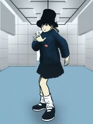 1girl black_eyes black_hat black_skirt blonde_hair blue_sweater cosplay full_body hat highres indoors jamiroquai jay_kay jay_kay_(cosplay) looking_at_viewer nicomull250 original pleated_skirt skirt solo standing sweater virtual_insanity_(song)