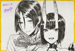 2girls bob_cut choker commentary_request dated fate/grand_order fate_(series) fingerless_gloves gloves greyscale height_difference horns marker_(medium) minamoto_no_raikou_(fate) monochrome multiple_girls open_mouth shuten_douji_(fate) signature skin-covered_horns smile sweatdrop titiduki_(manman-ya) traditional_media