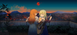 2girls absurdres acoustic_guitar apocalypse bang_dream! bang_dream!_it&#039;s_mygo!!!!! black_choker blue_dress brown_hair choker closed_eyes commentary_request cup dress drinking_straw frilled_choker frills green_hair guitar guitar_tuner highres holding holding_cup incredibly_absurdres instrument korean_commentary long_hair moon multiple_girls nagasaki_soyo open_mouth outdoors planetary_destruction shirt short_sleeves sidelocks wakaba_mutsumi white_shirt yellow_eyes yuan_shuang