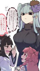 3girls absurdres aged_down ahoge alternate_costume alternate_eye_color arms_behind_back black_eyes black_sweater blue_hair blue_oni blunt_bangs bow-shaped_hair breasts brown_eyes brown_hair closed_mouth commentary_request denim dress empty_eyes hair_intakes hand_to_own_mouth headgear highres japanese_clothes jeans kimono kotonoha_akane kotonoha_aoi large_breasts light_frown long_hair long_sleeves looking_at_another mask mask_on_head masu multiple_girls nervous nervous_smile one_side_up oni oni_mask open_mouth pants pink_hair pink_shirt red_eyes ribbed_dress setsubun shirt sidelocks simple_background smile striped_clothes striped_shirt sweatdrop sweater toriniku29 touhoku_kiritan translated turtleneck turtleneck_sweater voiceroid whispering white_background white_kimono wide_sleeves