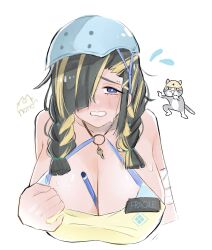 Rule 34 | 1girl, bandaged arm, bandages, between breasts, black hair, blonde hair, blue eyes, blue shirt, blush, braid, breasts, cat, character name, cleavage, crop top, embarrassed, fragile (nikke), goddess of victory: nikke, helmet, highres, huge breasts, key, long hair, meme, multicolored hair, nono mkkwii, shirt, signature, sweat, twin braids, two-tone hair, yellow shirt