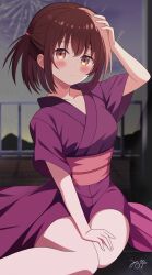 1girl arm_up blush brown_hair closed_mouth commentary_request hand_on_own_knee highres japanese_clothes kimono looking_at_viewer obi one_side_up original outdoors purple_kimono red_eyes sash short_hair short_sleeves signature sitting solo uru_aoi23 yukata