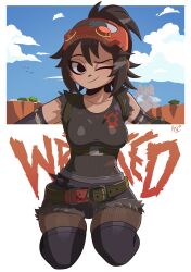 1girl absurdres armasdraws black_eyes black_gloves black_pantyhose black_shirt black_shorts black_thighhighs blush breasts cloud commentary elbow_gloves english_commentary english_text fortnite gloves highres looking_at_viewer mask mask_on_head medium_breasts one_eye_closed pantyhose ponytail ribbed_shirt shirt shorts sky sleeveless sleeveless_shirt smile solo the_machinist_(fortnite) thighhighs