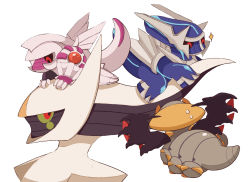 arceus artist_request carrying chibi creatures_(company) dialga dragon dragon_tail game_freak gen_4_pokemon giratina giratina_(altered) highres horns legendary_pokemon looking_at_another mythical_pokemon nintendo palkia pokemon pokemon_(creature) red_eyes siblings size_difference standing tail