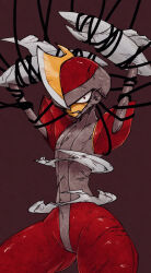 1other angry arm_blade armor arms_up battle_damage bisharp black_rope bound bound_arms bound_wrists broken broken_armor broken_weapon clenched_teeth cracked_armor cracked_helmet cracked_skin facing_to_the_side gen_5_pokemon grey_helmet grey_trim grimace helmet highres leaning_to_the_side looking_at_viewer nintendo pokemon pokemon_(creature) red_background red_helmet red_trim restrained rope shoulder_pads teeth tied_up_(nonsexual) two-tone_headwear umi-be-to upright_restraints weapon wide-eyed