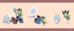 &gt;_&lt; +++ ^^^ 1boy 1girl :d puff_of_air absurdres black_eyes blush blush_stickers breasts bubble chibi comic crying english_text engrish_text closed_eyes fins fizz_(league_of_legends) floating flying_sweatdrops frown gem hands_up headgear highres holding holding_weapon jewelry league_of_legends markings mermaid minion_(league_of_legends) monster_girl nami_(league_of_legends) neck_ring open_mouth otani_(kota12ro08) polearm ranguage simple_background smile staff sweatdrop tail trident upset walking water weapon