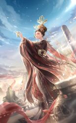 Rule 34 | 1girl, artist request, black hair, black hanfu, blue sky, chinese clothes, cloud, crown, cup, empress mingyi (shining nikki), expressionless, eyelashes, facial mark, floating clothes, fog, forehead, forehead mark, full body, game cg, glorious throne (shining nikki), gold crown, gradient sky, hair bun, hand on own wrist, hanfu, highres, holding, holding cup, light particles, lipstick, long sleeves, makeup, mountain, nikki (series), official art, orange eyes, outdoors, outstretched arms, parted lips, petals, railing, reaching, red lips, red shawl, red tabard, rooftop, shawl, shining nikki, short hair, single hair bun, sky, solo, standing, sun, sunrise, tabard, updo, vase, veil, wide sleeves, wind, yellow sky