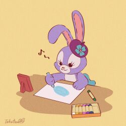1girl animal_ears animification crayon drawing_(action) drawing_(object) duffy_and_friends hat highres paper purple_eyes rabbit_ears rabbit_girl skirt smile solo standing stellalou stuffed_animal stuffed_toy takatmaorange