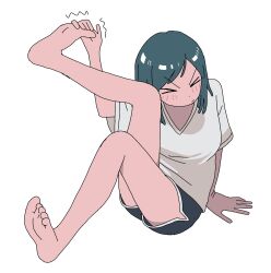 &gt;_&lt; 1girl barefoot blue_hair ddasang dolphin_shorts full_body highres holding_own_foot medium_hair original shirt short_sleeves shorts sitting solo stretching t-shirt v-shaped_eyebrows