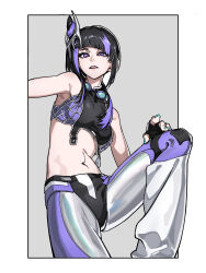 1girl absurdres aespa blue_nails border commentary english_commentary fingerless_gloves gloves han_juri highres marui_(fxxstate_ofmind) official_alternate_costume official_alternate_hairstyle purple_eyes solo spider_web_print street_fighter street_fighter_6 white_border