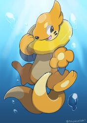 absurdres buizel commentary_request full_body gen_4_pokemon highres light_rays looking_at_viewer nintendo no_humans open_mouth partial_commentary pokemon pokemon_(creature) pokemon_focus smile tooya_miniart twitter_username underwear water