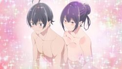 1boy 1girl animated anime_screenshot blush breast_press breasts collarbone completely_nude hair_bun haite_kudasai_takamine-san haitekudasai_takamine-san highres imagining large_breasts nipples nude red_eyes shirota_takashi sidelocks smile sound tagme takamine_takane