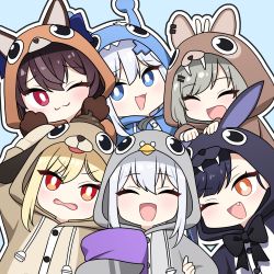 :&gt; :3 :o :t animal_costume animal_ears beak bird black_ribbon blonde_hair blue_eyes blue_pajamas blush brown_hair brown_pajamas closed_eyes cross_hair_ornament dog dog_ears fox_ears gengojisu gosegu grey_hair grey_pajamas hair_between_eyes hair_ornament hand_on_another&#039;s_head hand_on_another&#039;s_headwear hand_on_another&#039;s_hip hand_on_headwear hand_on_own_head hand_on_own_hip highres ine_(vtuber) jacket jingburger jururu lilpa open_mouth orange_eyes orange_pajamas pajamas pink_eyes purple_hair purple_jacket red_eyes ribbon smile viichan virtual_youtuber waktaverse white_hair yellow_pajamas