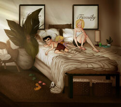 Rule 34 | 1boy, 2girls, android 18, bed, bed sheet, bedroom, black hair, blonde hair, blue eyes, couple, dragon ball, dragon ball super, family, father and daughter, happy, highres, husband and wife, kuririn, marron (dragon ball), morning, mother and daughter, multiple girls, pillow, sleeping, smile, sunlight