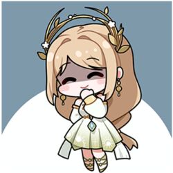 Rule 34 | 1girl, absurdly long hair, arm behind head, artist request, back bow, bare shoulders, blonde hair, blue background, blush stickers, bow, chibi, closed mouth, cross, cross print, detached sleeves, dress, evil smile, gradient clothes, gradient dress, green dress, hair intakes, hair tie, hand on own chin, infinity nikki, laurel crown, long hair, long sleeves, low-tied long hair, lowres, nikki (series), parted bangs, pleated dress, puffy long sleeves, puffy sleeves, sandals, shaded face, short dress, sleeveless, sleeveless dress, smile, solo, standing, sun print, two-tone background, two-tone dress, very long hair, white background, white bow, white dress, white sleeves, wind of purity (infinity nikki), yellow sandals