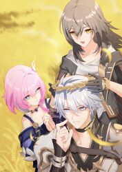 1boy 2girls absurdres armor black_coat black_gloves blue_eyes coat commentary_request cyrene_(honkai:_star_rail) gloves grey_hair hair_ornament head_wreath highres honkai:_star_rail honkai_(series) medium_hair multicolored_hair multiple_girls open_mouth outdoors pauldrons phainon_(honkai:_star_rail) pink_hair purple_coat sasaki3rd shirt shoulder_armor single_pauldron smile stelle_(honkai:_star_rail) trailblazer_(honkai:_star_rail) two-tone_hair wheat wheat_field white_hair white_shirt yellow_eyes