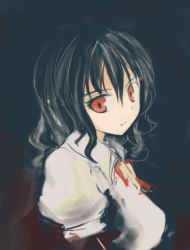Rule 34 | 1girl, black hair, breasts, crazy eyes, curly hair, female focus, hokamichi, looking at viewer, puffy short sleeves, puffy sleeves, red eyes, shameimaru aya, shirt, short hair, short sleeves, solo, taji (crowview), touhou, upper body, white shirt