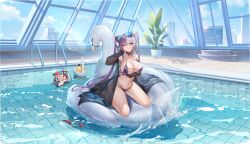 2girls absurdres azur_lane bikini blue_eyes blush breasts chao_ho_(azur_lane) cleavage cone_hair_bun double_bun expressionless eyewear_on_head hair_bun heart heart-shaped_pupils highres indoors lace lace-trimmed_bikini lace_trim large_breasts manjuu_(azur_lane) multicolored_hair multiple_girls navel non-web_source official_alternate_costume official_art plant pool potted_plant purple_bikini purple_hair shaded_face split-color_hair stomach swimsuit symbol-shaped_pupils unworn_bikini_top water white_hair ying_swei_(azur_lane) ying_swei_(blue_waves_limpid_summer)_(azur_lane) yyy_(zelda10010)