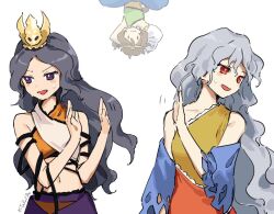 3girls chirizuka_ubame crown detached_sleeves fossilized_wonders grey_hair kaigen_1025 multiple_girls purple_eyes red_eyes sakata_nemuno son_biten touhou upper_body