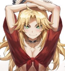 1girl bad_id bad_twitter_id black_choker blonde_hair breasts choker cleavage collarbone fate/grand_order fate_(series) fingernails highres long_hair looking_at_viewer medium_breasts mordred_(fate) mordred_(fate/apocrypha) red_shirt shirt simple_background smile solo tied_shirt tonee upper_body white_background