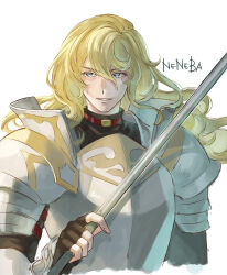 Rule 34 | 1boy, armor, black gloves, blonde hair, blue eyes, breastplate, facing viewer, fingerless gloves, gloves, granblue fantasy, hair between eyes, holding, holding polearm, holding weapon, long hair, male focus, naoise, parted lips, pauldrons, polearm, scallgo, shoulder armor, sideways glance, simple background, smile, solo, upper body, vambraces, wavy hair, weapon, white background
