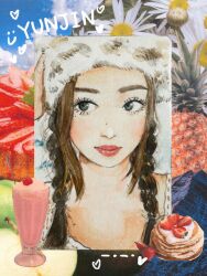1girl ? ?? absurdres black_eyes blush braid brown_hair character_name chinese_commentary food fruit fur_hat hat heart highres huh_yun-jin k-pop le_sserafim looking_to_the_side medium_hair mole mole_on_nose mole_under_eye painting_(medium) pancake qingqi_yan_chun_pu~ real_life red_lips solo strawberry traditional_media twin_braids ushanka watercolor_(medium) white_hat
