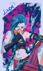1girl arcane:_league_of_legends arcane_jinx arm_tattoo asymmetrical_bangs blue_eyes blue_hair blue_nails border braid character_name chest_tattoo cross-laced_clothes cross-laced_top fingerless_gloves gloves halterneck highres holding holding_mask jinx_(league_of_legends) league_of_legends looking_to_the_side mask navel pants purple_border purple_nails solo stomach_tattoo striped_clothes striped_pants tattoo twin_braids vertical-striped_clothes vertical-striped_pants yumu_(8181018)