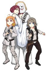 10s 3girls ahoge blue_eyes bow brown_hair chewbacca chewbacca_(cosplay) collarbone copyright_request cosplay dog energy_sword full_body gun hair_bow hair_bun han_solo han_solo_(cosplay) highres holding holding_gun holding_weapon leia_organa leia_organa_(cosplay) looking_at_another looking_at_viewer love_live! love_live!_sunshine!! luke_skywalker luke_skywalker_(cosplay) multiple_girls name_connection orange_hair parody parted_lips pink_eyes red_hair sakurauchi_riko shiitake_(love_live!) short_hair simple_background single_hair_bun star_wars star_wars:_a_new_hope sword takami_chika transparent_background waste-man watanabe_you weapon white_background yellow_bow yellow_eyes
