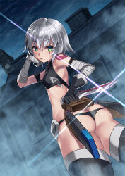 1girl ass bandaged_arm bandages bare_shoulders black_gloves black_panties black_thighhighs butt_crack clock clock_tower commentary_request facial_scar fate/apocrypha fate_(series) fog gia_kon glint gloves green_eyes grey_hair hand_on_own_face holding holding_knife holding_weapon jack_the_ripper_(fate/apocrypha) knife looking_at_viewer outdoors panties scar scar_across_eye scar_on_cheek scar_on_face sheath short_hair single_glove solo standing thighhighs tongue tongue_out tower underwear weapon window