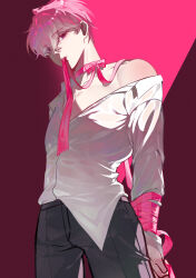Rule 34 | 1boy, absurdres, arms behind back, bamby (plave), black pants, bound, bound wrists, cowboy shot, dong100art, from below, hair between eyes, highres, k-pop, long sleeves, looking back, male focus, mouth hold, pants, pink eyes, pink hair, pink ribbon, plave, ribbon, ribbon in mouth, shirt, shirt partially tucked in, short hair, solo, white shirt