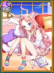1girl animal_ears blue_eyes closed_mouth cup cushion dress food hairband jacket kaguya_fullmoon long_hair night night_sky on_floor pink_dress pink_hair rabbit_ears rainbow_socks salt_(salty) sitting sky stuffed_toy sweets uchi_no_hime-sama_ga_ichiban_kawaii wavy_hair white_jacket window