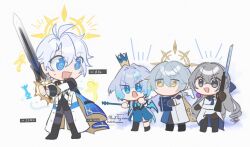 Rule 34 | 2boys, 2girls, antenna hair, artist name, black boots, black gloves, black shoes, blue bow, blue cape, blue dress, blue eyes, blue hair, blue jacket, bodystocking, book, boots, bow, bronya rand, brown bodystocking, cape, cerydra (honkai: star rail), chess piece, chibi, chibi only, commentary, crossed bangs, crown, dawnmaker (honkai: star rail), dress, drill hair, earrings, english commentary, english text, eyes visible through hair, feathered wings, fingerless gloves, full body, gloves, gradient hair, grey eyes, grey hair, grey pants, gun, hair between eyes, hair bow, half-closed eyes, halo, halo behind head, hand up, hands up, head wings, highres, holding, holding book, holding gun, holding staff, holding sword, holding weapon, honkai: star rail, honkai (series), jacket, jewelry, long hair, long sleeves, looking at another, looking back, multicolored hair, multicolored jacket, multiple boys, multiple girls, no mouth, notice lines, open mouth, pants, paper doll, phainon (honkai: star rail), rifle, shoes, short hair, sidelocks, simple background, smile, staff, standing, sunday (honkai: star rail), sweatdrop, sword, thigh strap, two-sided cape, two-sided dress, two-sided fabric, two-tone jacket, v-shaped eyebrows, weapon, white background, white dress, white hair, white jacket, wings, xenarrq2, yellow cape, yellow eyes, yellow pupils