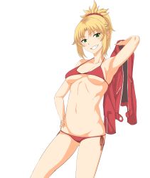 1girl absurdres araki_jeccy arm_up armpits bikini blonde_hair blush braid breasts commentary_request cowboy_shot fate/apocrypha fate_(series) female_focus green_eyes grin hair_ornament hair_scrunchie halterneck hand_on_own_hip highres holding holding_jacket holding_unworn_clothes jacket leather leather_jacket long_hair looking_at_viewer medium_breasts mordred_(fate) mordred_(fate/apocrypha) mordred_(swimsuit_rider)_(fate) mordred_(swimsuit_rider)_(first_ascension)_(fate) navel ponytail red_bikini scrunchie side-tie_bikini_bottom simple_background smile solo standing swimsuit teeth underboob unworn_jacket white_background