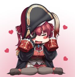 1girl absurdres ankle_boots arrow_through_heart ascot bicorne black_coat black_hat black_thighhighs blush boots breasts brooch coat fold-over_boots frilled_shirt_collar frills gradient_background hair_ribbon hat heterochromia highres hololive houshou_marine houshou_marine_(1st_costume) jewelry large_breasts leather_belt leotard leotard_under_clothes long_hair miniskirt open_mouth pirate pirate_hat pleated_skirt red_ascot red_eyes red_hair red_ribbon red_skirt ribbon see-through_clothes see-through_leotard skirt sleeveless sleeveless_jacket solo thighhighs tousaki_(tousakiworks) twintails virtual_youtuber yellow_eyes