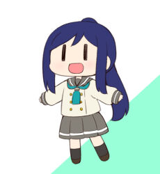 Rule 34 | 1girl, black eyes, blue hair, buttons, chibi, green neckerchief, green necktie, grey sailor collar, grey skirt, loafers, long hair, long sleeves, love live!, love live! sunshine!!, matsuura kanan, miyako hito, neckerchief, necktie, pleated skirt, ponytail, purple hair, sailor collar, school uniform, serafuku, shoes, simple background, skirt, socks, solo, uranohoshi school uniform, white background, winter uniform