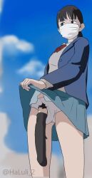 Rule 34 | 1futa, black hair, breasts, character request, clothes lift, copyright request, covered testicles, futanari, halui 2, highres, huge penis, large penis, mask, medium breasts, mouth mask, panties, penis, pubic hair, ribbon, shirt, skirt, skirt lift, sock on penis, socks, solo, source request, surgical mask, testicles, underwear